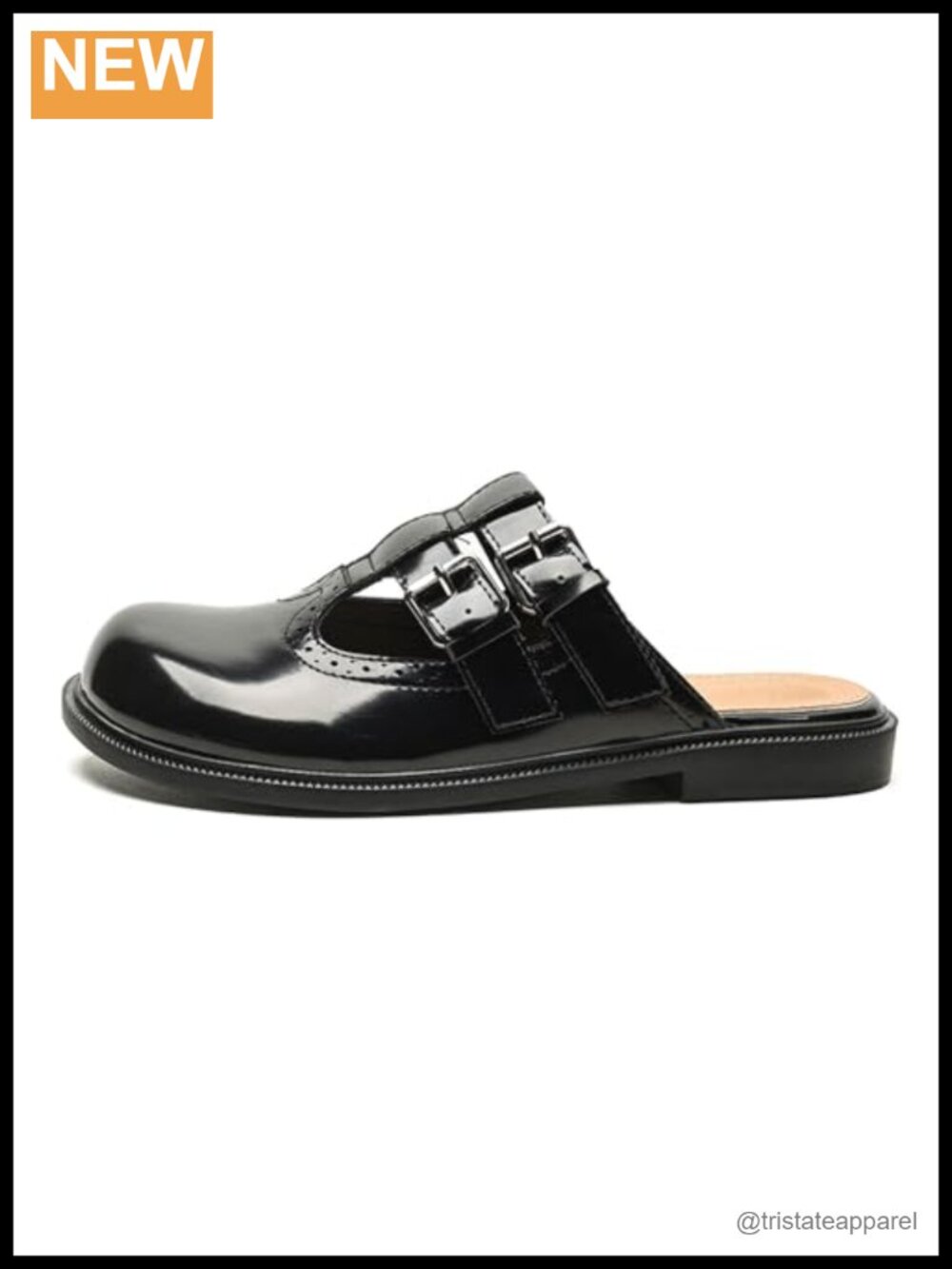 Women Round Toe Low Heel Mules Faux Leather Slip-On Buckle Strap Wingtip